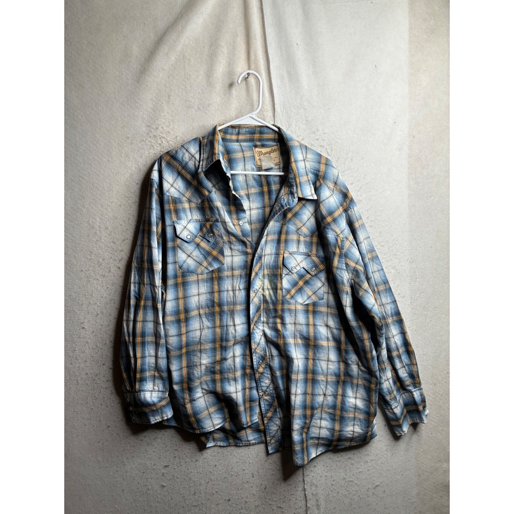 Wrangler Western Fashion Snap Shirt Blue Tan Plaid Pearl Snap Long Sleeve XL